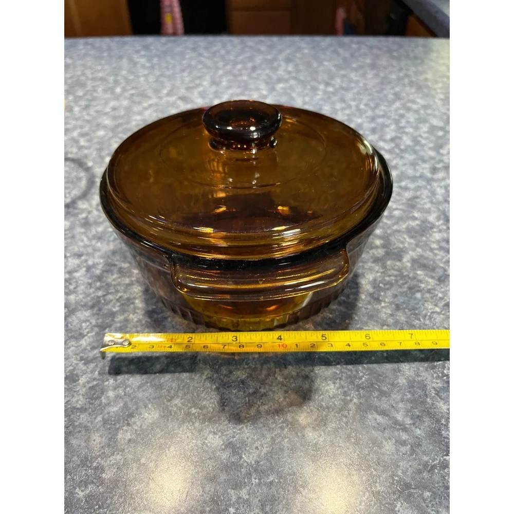 Anchor Hocking Amber Glass Casserole Dish with Lid and Wicker Basket 1 Qt 1438